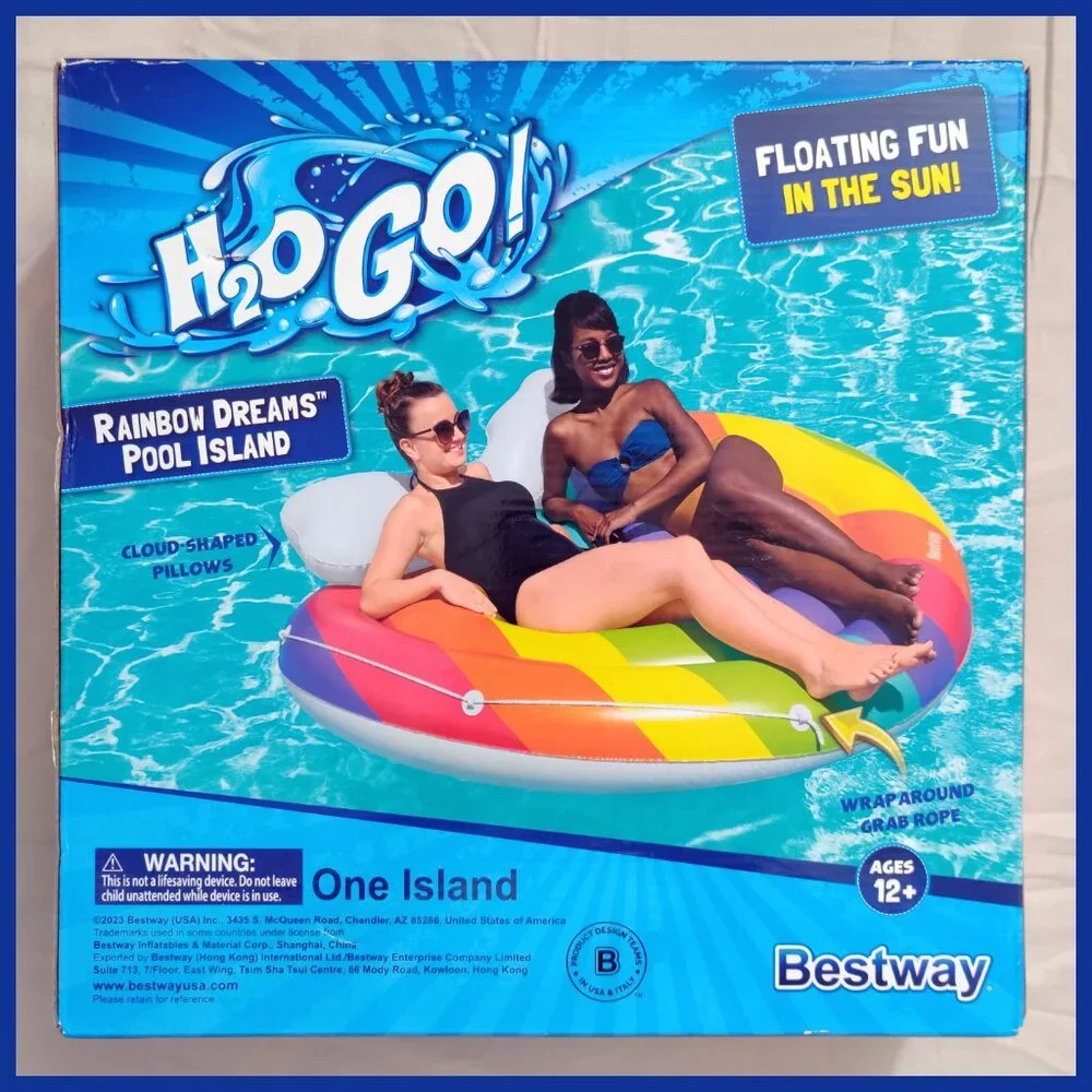 NIB Rainbow Dreams Pool Island 2-Person Inflatable Float/Raft by H2OGO! 64"x58" - Picture 3 of 10